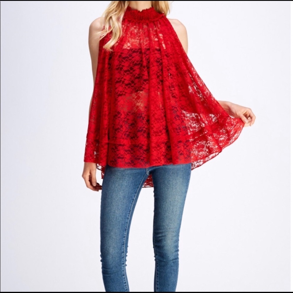 Red lace mock- neck top